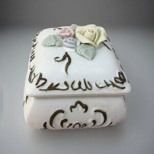 Vintage UCGC Trinket Box Porcelain Bisque Dresser Pill Jewelry Flowers Korea